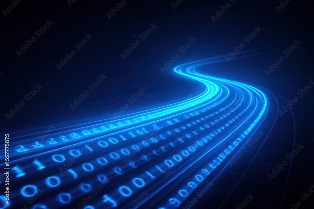 Poster abstract blue light trails with binary code flowing through a dark futuristic digital network cybers