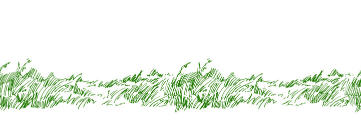 Hand drawn vector illustration. Seamless pattern with playful liner texture. Grass field. Horizontal doodle illustration. Trendy background for design and decoration.
