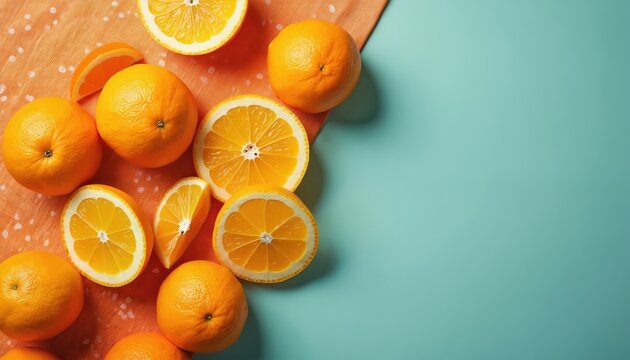 Top view of fresh orange slices and whole oranges on orange tablecloth with blue background. Citrus fruit composition with copy space. Healthy eating, vitamin C concept.