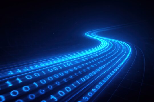 Abstract blue light trails with binary code flowing through a dark futuristic digital network cyberspace