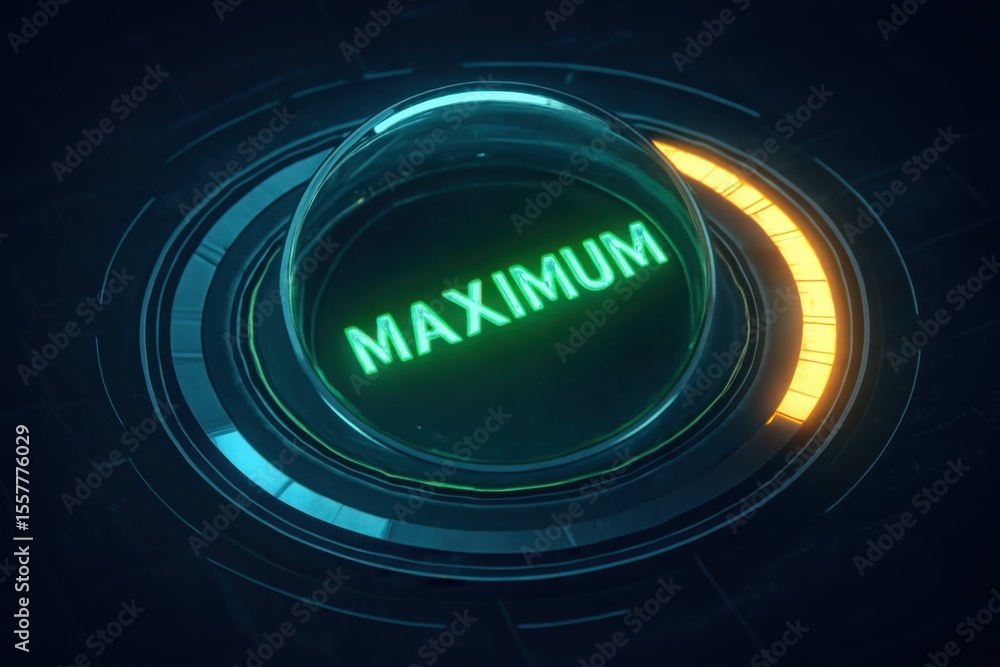 Poster futuristic glowing dial with the word maximum illuminated in neon green and a bright yellow indicato