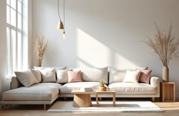 Fototapeta premium Modern bright white farmhouse living room with comfortable sectional sofa, soft pillows. Natural sunlight, cozy sitting area, minimalist design with wood coffee table, home decor, comfortable