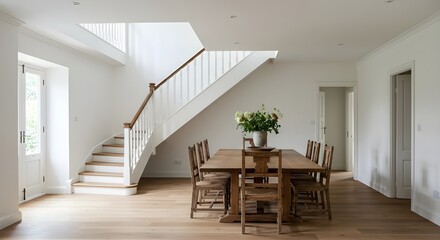 A dinning room with a wooden table and stairs isolated on white background.