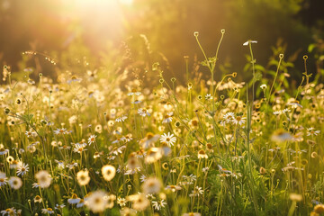 Fototapeta premium A sun-drenched meadow bursts with daisies, illuminated by a warm, golden light. The idyllic scene captures the essence of summer, evoking feelings of tranquility and connection with nature.