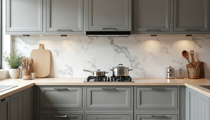 Modern kitchen interior with gray cabinets, marble countertop, wooden table. Room modern cooking equipment. Kitchenware, cutting boards, plants, stylish wooden utensils. Home decor, food preparation,