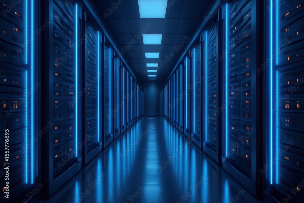 Poster futuristic data center hallway with glowing blue server racks and reflective floor creating a high t