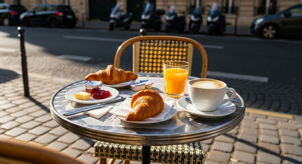 Parisian Streetside Breakfast Croissants, Coffee, and Orange Juice