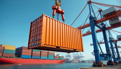 Orange shipping container lifted by crane at busy port. Cargo ship in background. Transportation, logistics, global trade, import, export, delivery, freight, worldwide commerce.