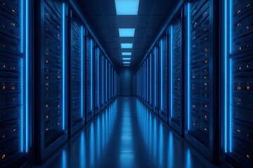 Futuristic data center hallway with glowing blue server racks and reflective floor creating a high tech atmosphere
