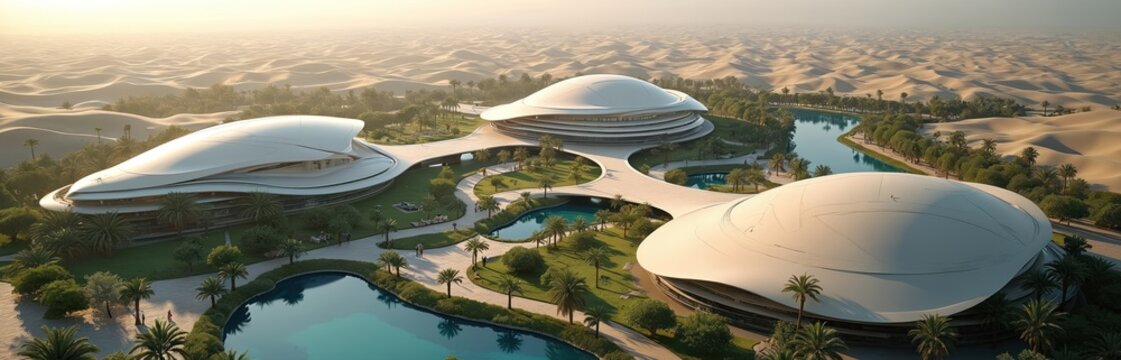 Futuristic architecture oasis with modern buildings, turquoise pools and palm trees in desert. Aerial view of innovative urban planning in Saudi Arabia. Sustainable city project development.