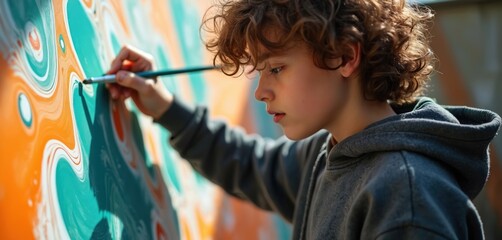 Obraz premium Young artist creates abstract art painting on canvas. Teenager with brush, colorful, modern wall art. Artistic process involves talent expression using colorful brush strokes. Art, creativity,