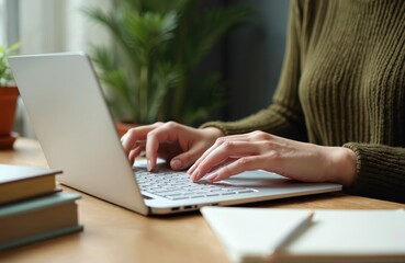 Fototapeta premium Woman works at home office typing on laptop. Freelancer uses computer for remote work online education. Young female works, studies at desk, distance learning e-learning. Home office background with