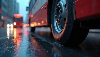 Illustration of city bus tire on wet road at night. Red bus, lights reflection in puddles. Traffic, vehicles, and urban transportation. Commute during rain, travel. Night city life.