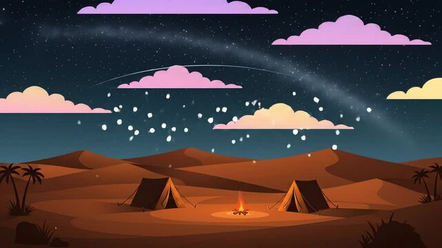 Night desert scene with two tents campfire dunes palm trees and starry sky with a Milky Way