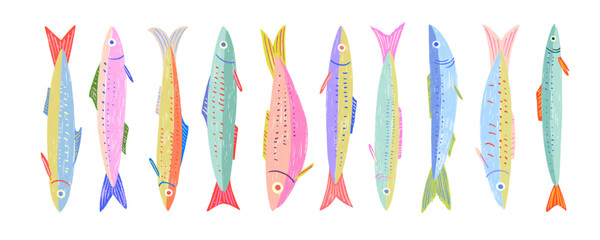 Naklejka na ściany i meble Colorful funky crayon drawn decorative sardines. Cartoon stickers of fish. Bright doodle illustration with pencil cute texture. Kid drawn sardine, tuna, salmon, mackerel. Playful portugal fish.