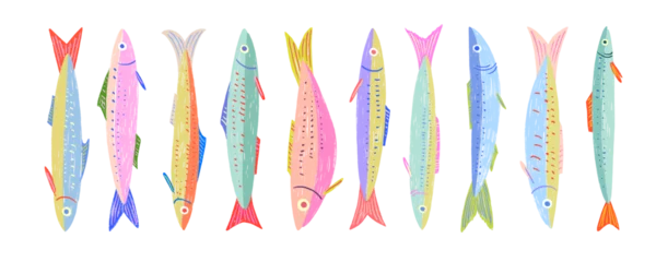Selbstklebende Fototapeten Colorful funky crayon drawn decorative sardines. Cartoon stickers of fish. Bright doodle illustration with pencil cute texture. Kid drawn sardine, tuna, salmon, mackerel. Playful portugal fish. © Anastasiia Hevko