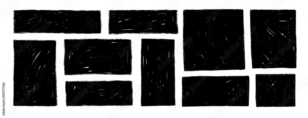 Poster graphic square and rectangle text boxes with rough crayon texture. black grunge frames, hand drawn r