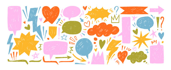 Obraz na płótnie Canvas Colorful childish speech bubbles and doodle icons drawn with crayon. Comic talk balloon vector set.