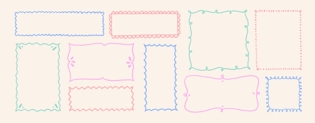 Pastel colored doodle crayon drawn whimsical frames with spiral, wavy lines, zigzag and dots. Line art cute childish funky frames. Cute pencil drawn blank rectangles. Emphasis rectangular shapes.