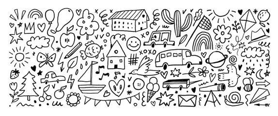 Fototapeta premium Crayon drawn cute kid doodle set. Hand drawn naive doodle illustrations. Funky shapes, childish icons such cars, butterfly, fish, birds, smile and clouds. Kid decorative vector illustrations.