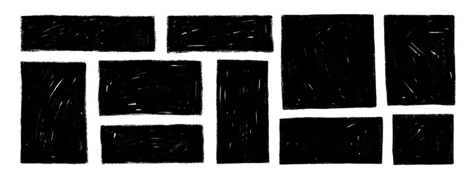 Graphic square and rectangle text boxes with rough crayon texture. Black grunge frames, hand drawn rough texture banners.