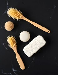 A wooden comb and brush set, isolated with other cooking utensils like a spoon and fork, are essential kitchen accessories