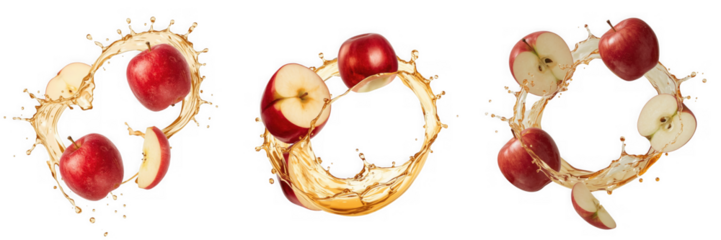Three red apples with juice splashes in a dynamic composition, isolated on transparent background