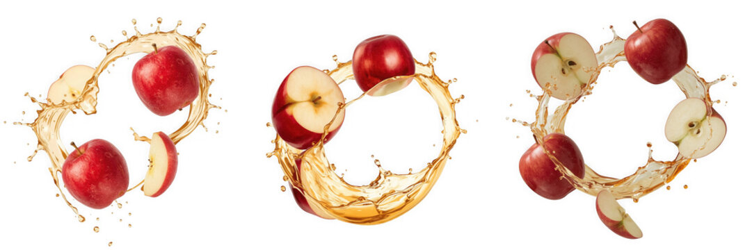 Three red apples with juice splashes in a dynamic composition, isolated on transparent background