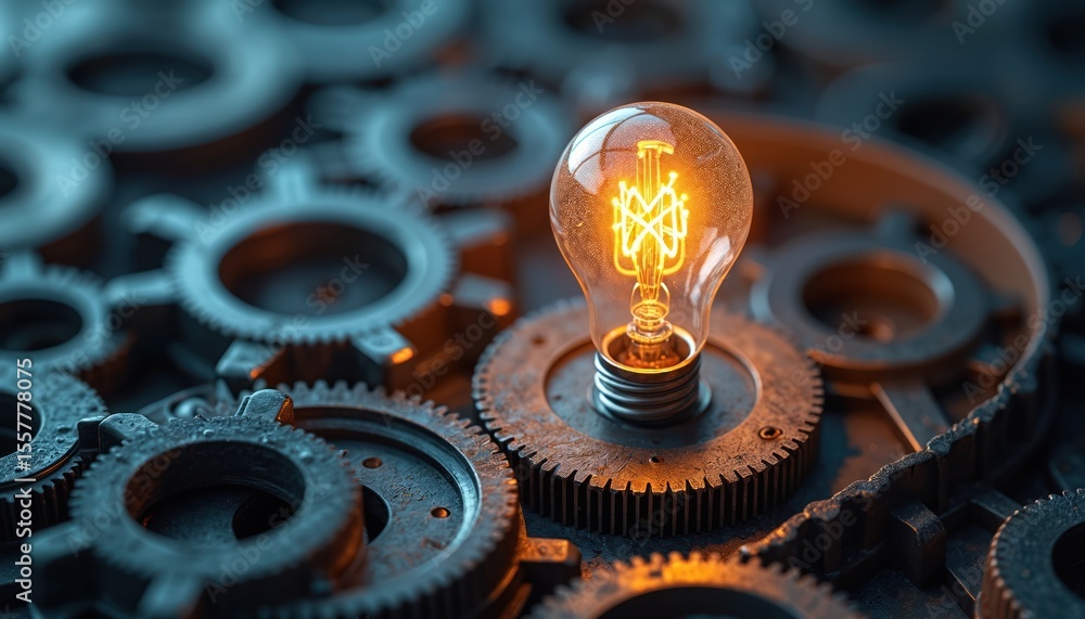 Poster glowing lightbulb surrounded by gears representing idea generation and business innovation. symbol o