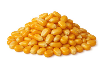 Corn kernels stacked in pyramidal formation, showcasing geometric arrangement against transparent backdrop, highlighting agricultural bounty
