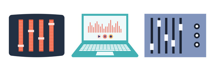 Flat illustrations of podcasting tools, voice recording, and audio streaming elements. Podcast Items Set