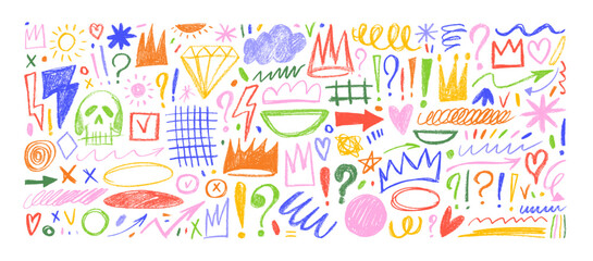 Colorful childish crayon drawn doodles and scribbles. Pencil vector kid drawings, funky question marks and exclamation points, crowns, arrows, underlines. Graffiti doodle punk and girly shapes.