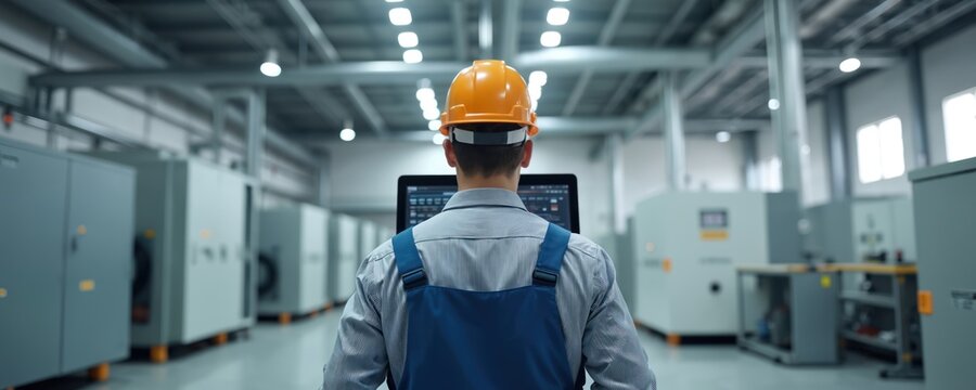 HVAC engineer monitors airflow data in modern industrial facility. Pro uses laptop to analyze system performance. Tech-driven environment filled with machinery, equipment. Focus on tech, automation,