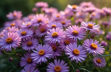 Vibrant New England aster flowers bloom in October. Purple violet petals, yellow-orange centers. Autumn season flowerbed, garden, park. Blossoms, floral details, nature background.