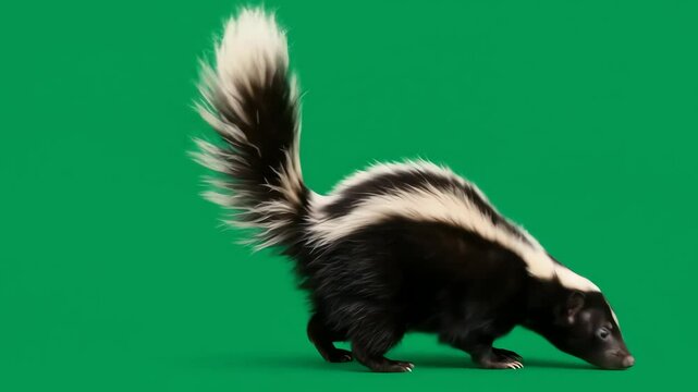 A black  white skunk with a bushy tail stands on a bright green background