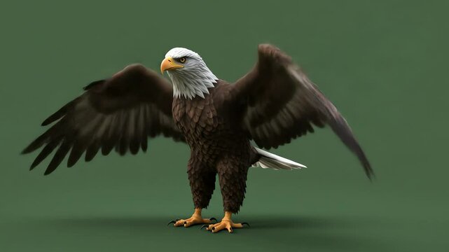 A bald eagle with brown body and white head wings outspread on a green background