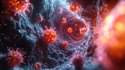 Cellular structures with glowing particles.