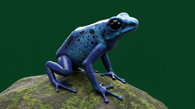 A blue poison dart frog patterned with black spots perched on a mosscovered rock against a solid green background