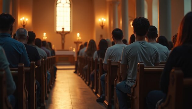 People attend church service. Men, women pray together for religious faith. Devotees listening to priest sermon in place of worship. Community believes in God. Christian group at mass. Sunday service
