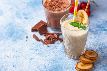 Milkshake from strawberry, banana and chocolate