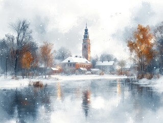 Winter village scene by a frozen river