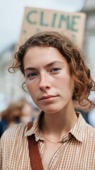 A portrait of a serious young white woman with curly hair at a climate protest, with a blurred sign in the background.