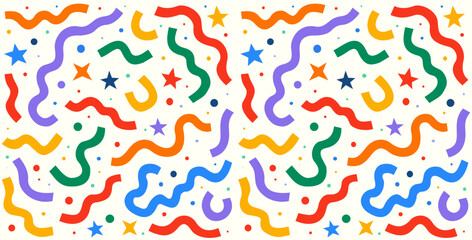 Memphis geometric seamless pattern. Multicolor abstract background in retro 80s, 90s style with various shapes: circles, semicircles, dots, zigzags, wavy lines. Cute kid doodle design.