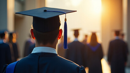 Graduate student in cap and gown, back view, sunset ceremony, hopeful, future.
