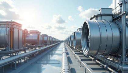 Direct air capture units operational. Technology to remove CO2 from atmosphere. Clean energy solution against pollution, climate change. Environmental eco friendly industrial building, carbon capture