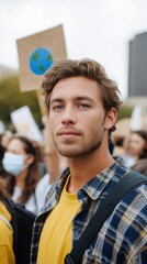 A young white man in a checked shirt, looking directly at the camera during a climate protest, with a crowd behind him.