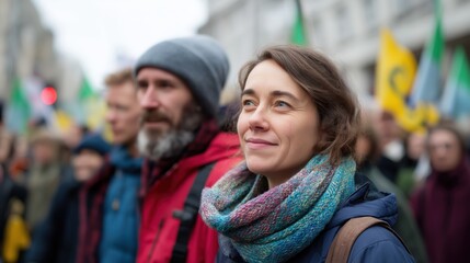 A white woman in a blue jacket and colourful scarf, smiling thoughtfully at an outdoor climate protest march in a city.