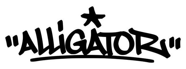 Handwritten black graffiti tag of “Alligator” with bold street style. Transparent background, perfect for urban designs, stickers, or streetwear graphics.