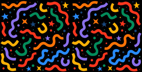 Memphis geometric seamless pattern. Multicolor abstract background in retro 80s, 90s style with various shapes: circles, semicircles, dots, zigzags, wavy lines. Cute kid doodle design.