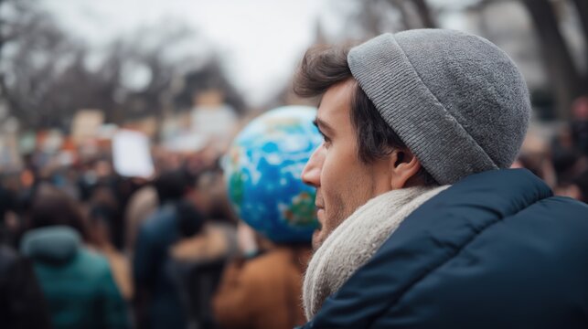 A white protester in a grey cap and blue puffer jacket at a climate protest in a city park with an inflatable globe.